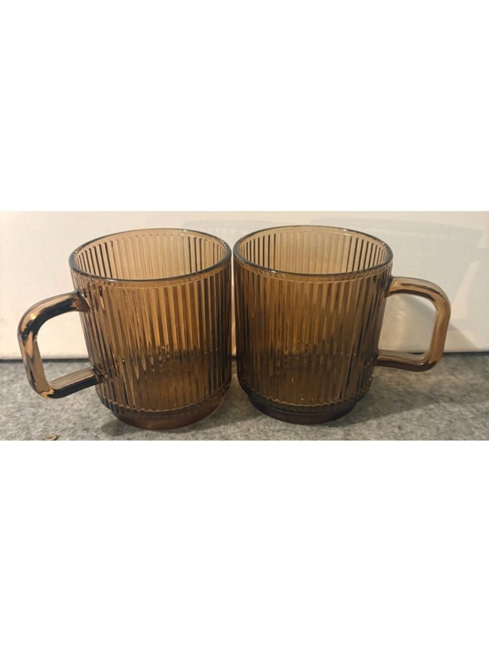 Set of 2 Amber Colored Coffee/Tea Cups W horizontal Design  # 3361